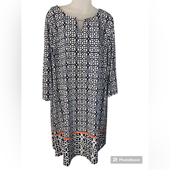 Tacera Dresses & Skirts - Tacera Shift Dress Qtr Length Sleeve Black/White w/Peach Geometric Women's 1X